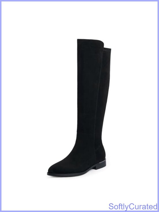 Shoes - Rounded Toe Flat Stretchy Knee High Boots Side Zipper PU Leather